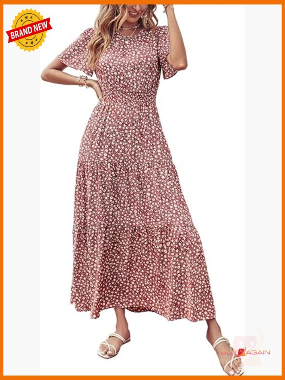 Flutter Sleeve Smocked Waist Tiered Boho Flowy Maxi Dress